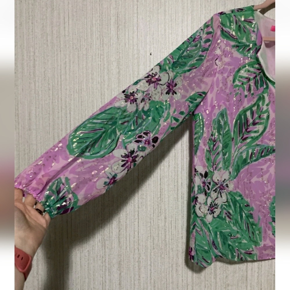 Lilly Pulitzer Size Medium Aaron Silk Top In Magnolia Lilac Leidees Night - Picture 7 of 12